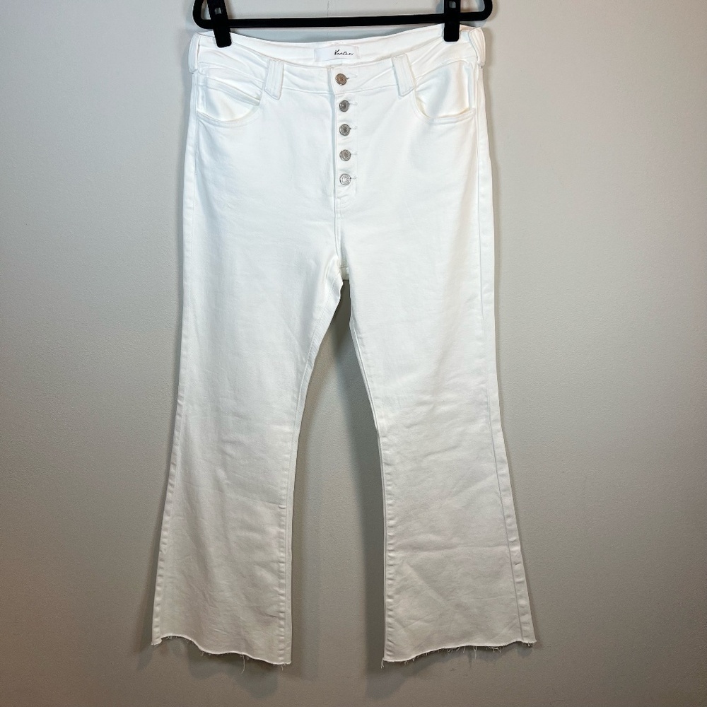 Kancan Flare Stretch Jeans White Denim High Rise Frayed Button Summer Size 31x33 - Picture 2 of 13